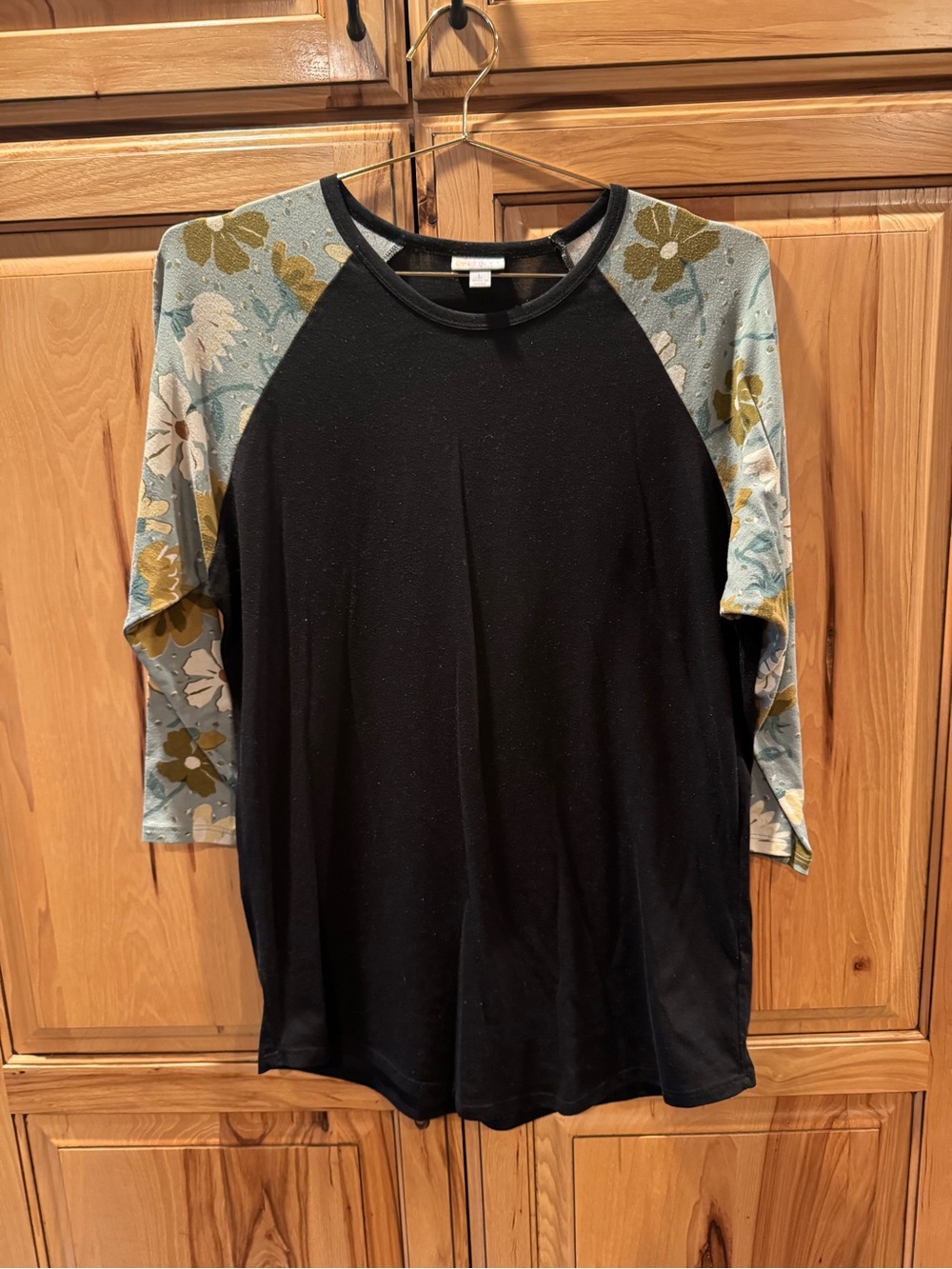 Black Raglan Top with Floral Sleeves - Women's Casual Tee